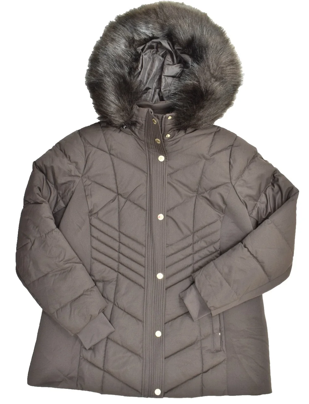MICHAEL KORS Women 1X Brown Quilted Puffer Jacket Faux Fur Trim Hood Mid-Length